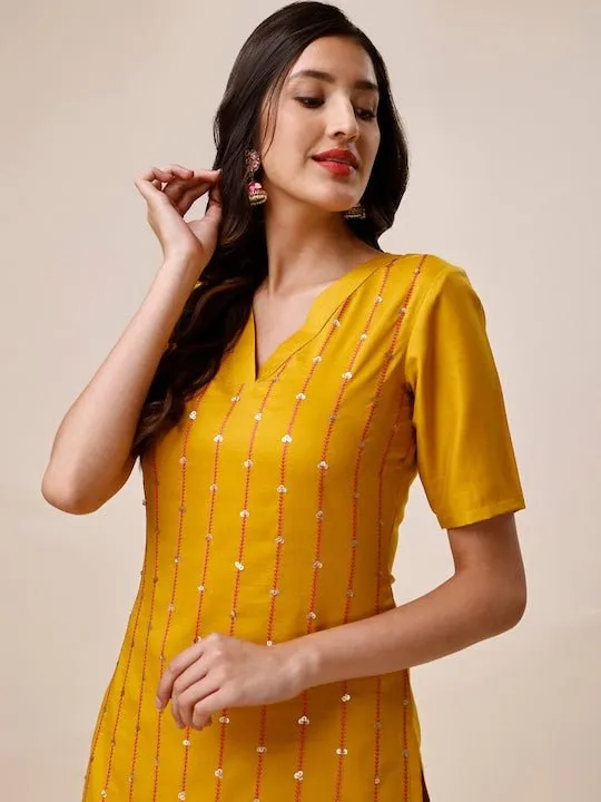 Ethnic Embroidered V-Neck Thread Work Kurta With Trousers