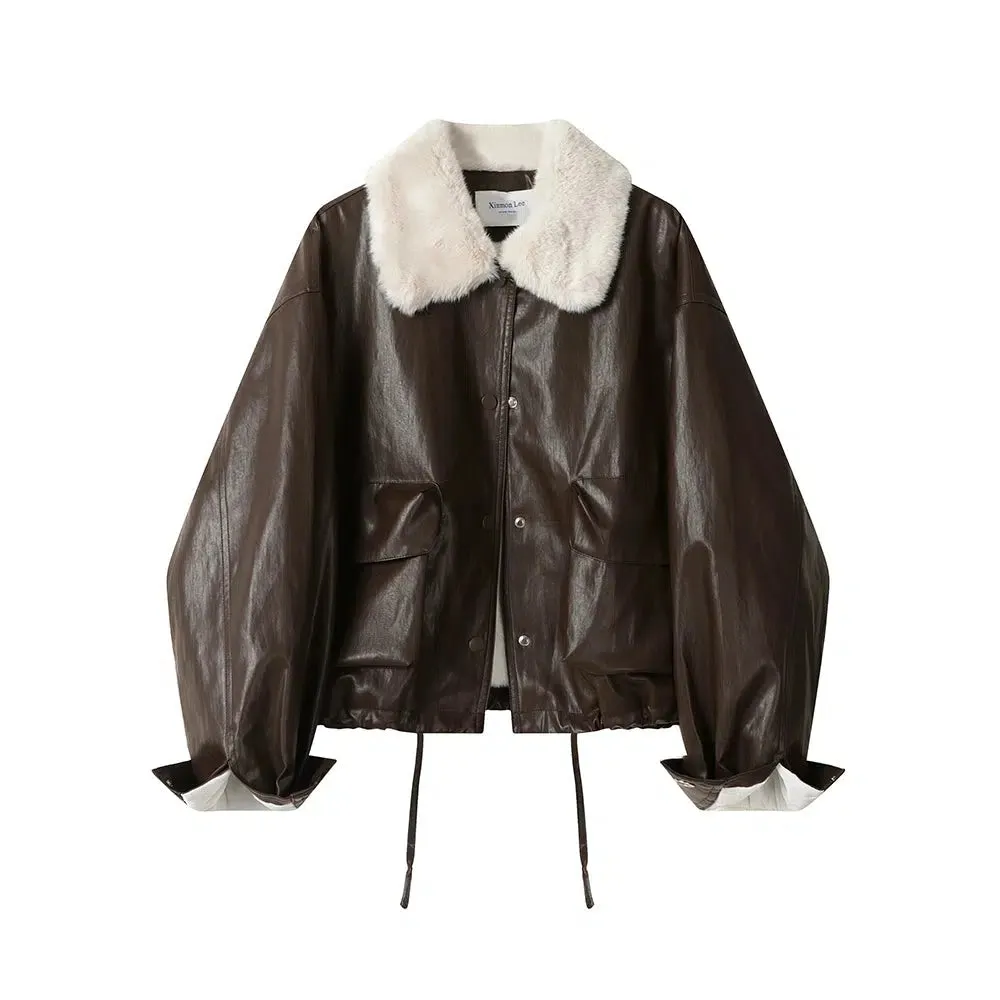 Faux Fur Collar Faux Leather Coat