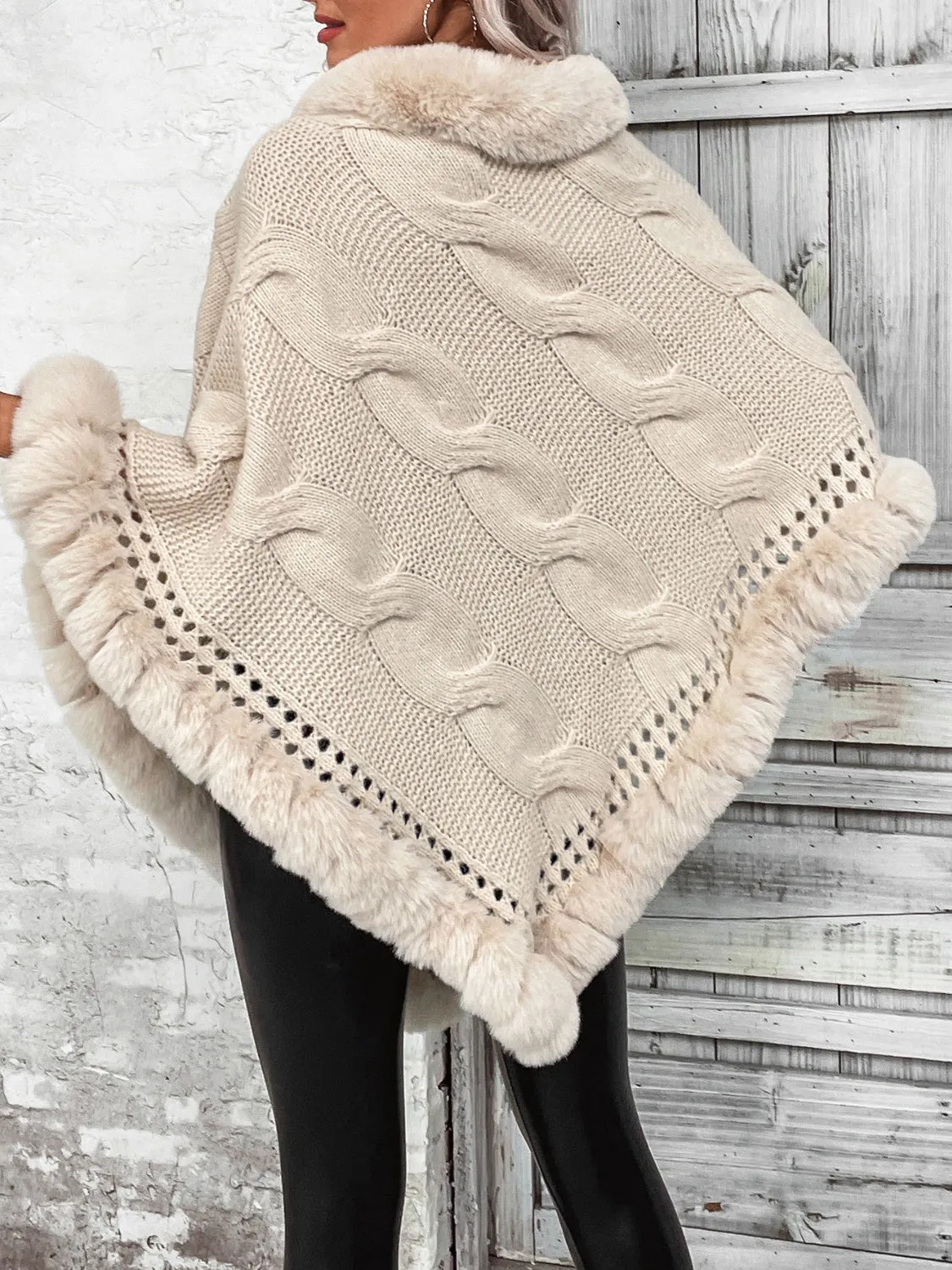 Faux Fur Trim Cable-Knit Poncho