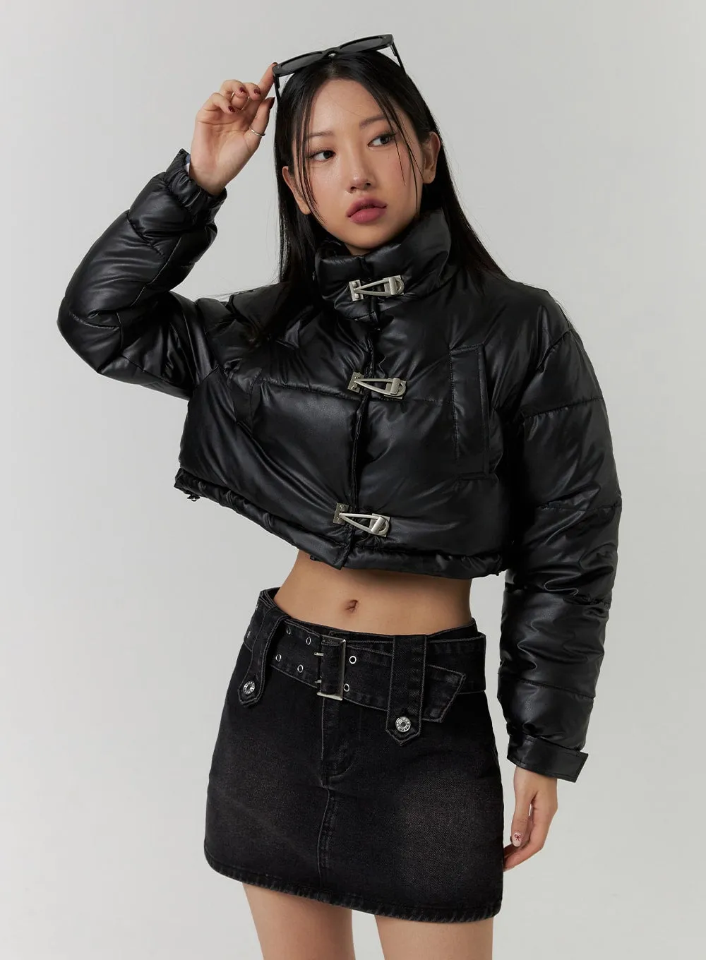 Faux Leather Three-Buckled High Neck Puffer Jacket CD315