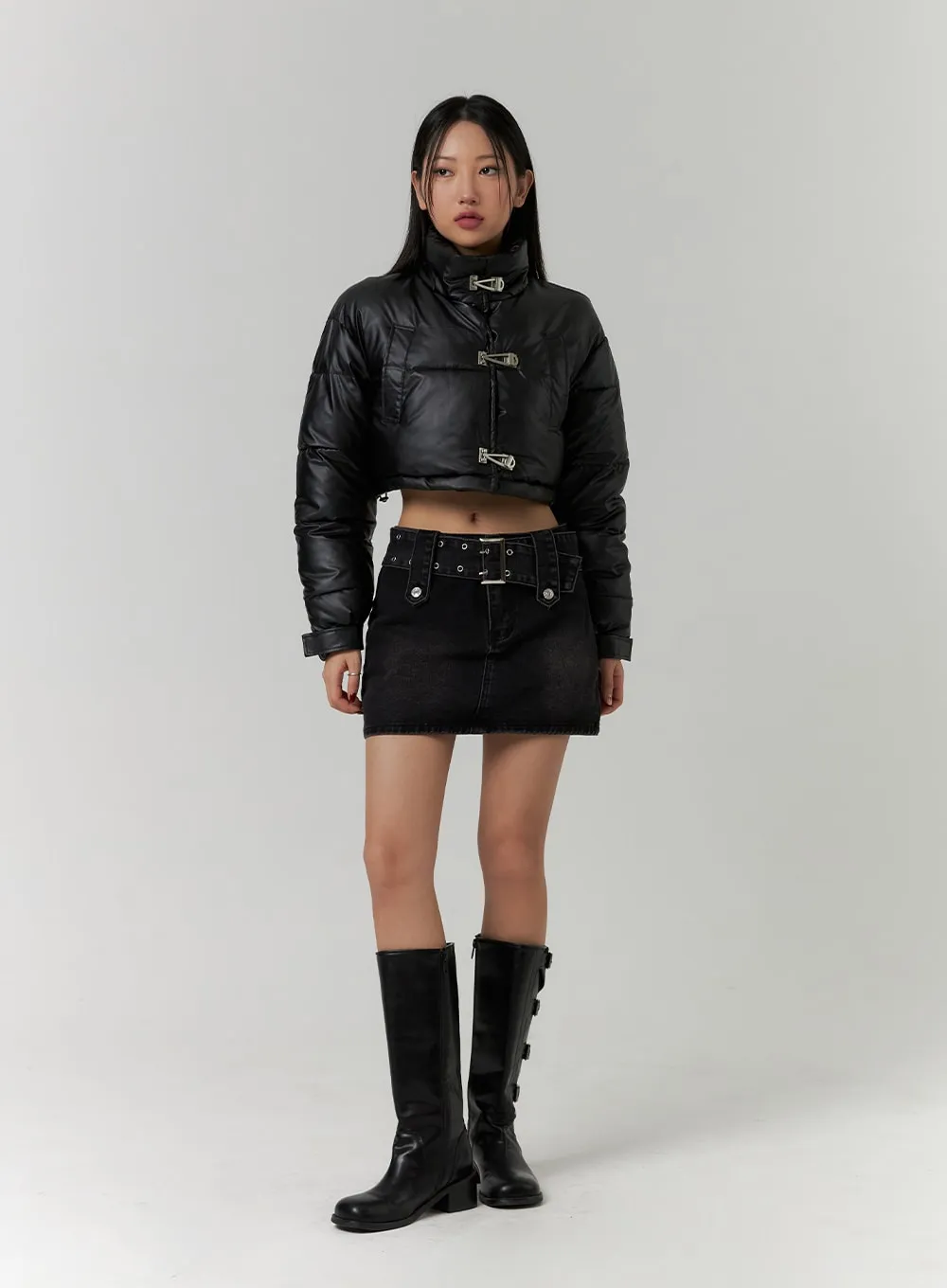 Faux Leather Three-Buckled High Neck Puffer Jacket CD315