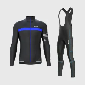 Fdx Men's & Boy's Set All Day Thermal Roubaix Long Sleeve Cycling Jersey & Cargo Bib Tights - Blue