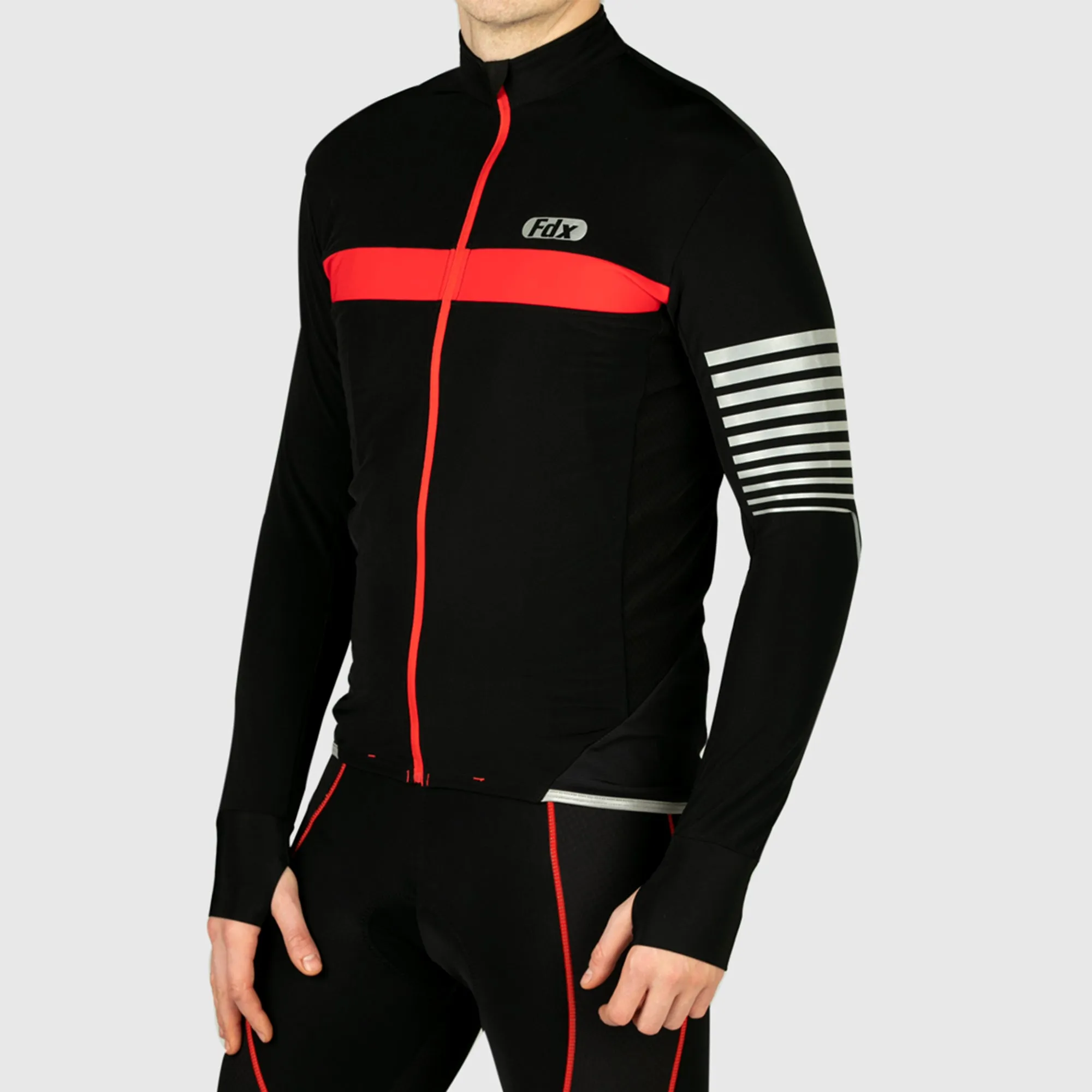 Fdx Men's & Boy's Set All Day Thermal Roubaix Long Sleeve Cycling Jersey & Cargo Bib Tights - Red