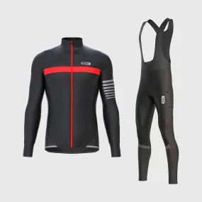 Fdx Men's & Boy's Set All Day Thermal Roubaix Long Sleeve Cycling Jersey & Cargo Bib Tights - Red