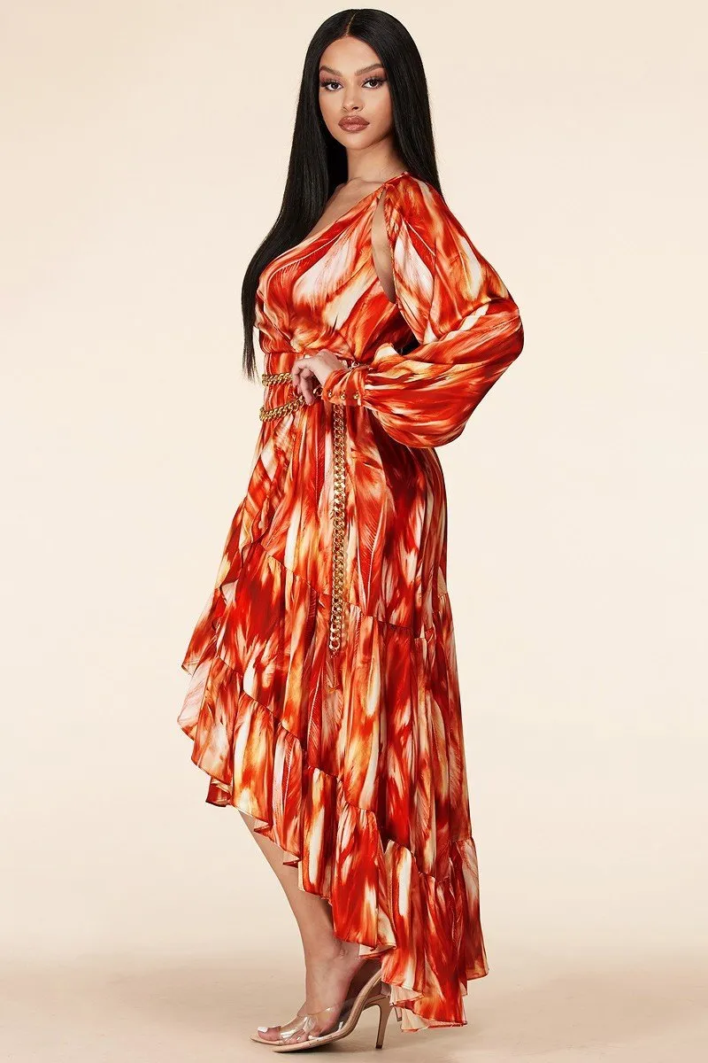 Fire Print Long Sleeve Maxi Dress