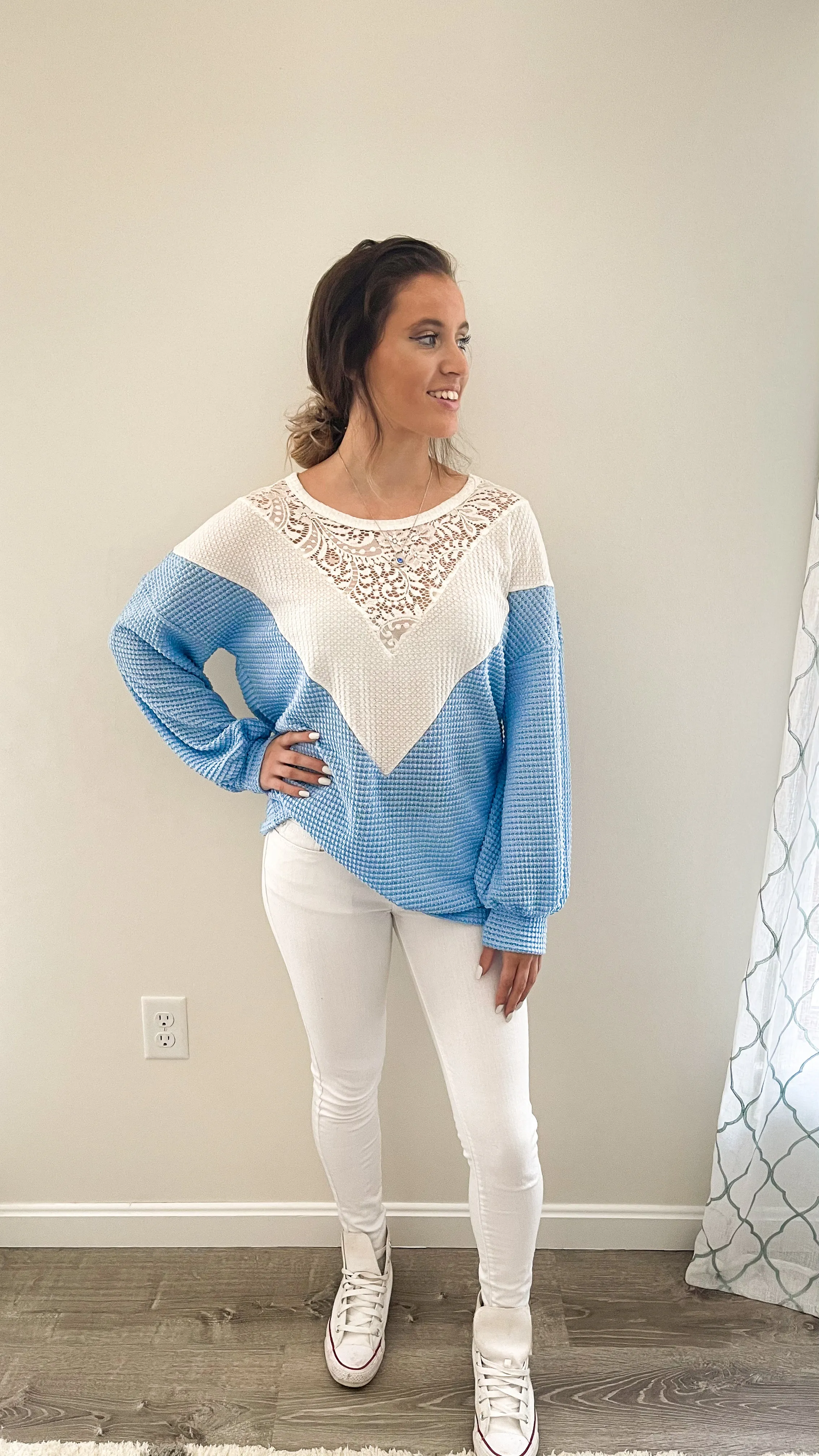 Forget-Me-Not Waffle Knit With Lace Details