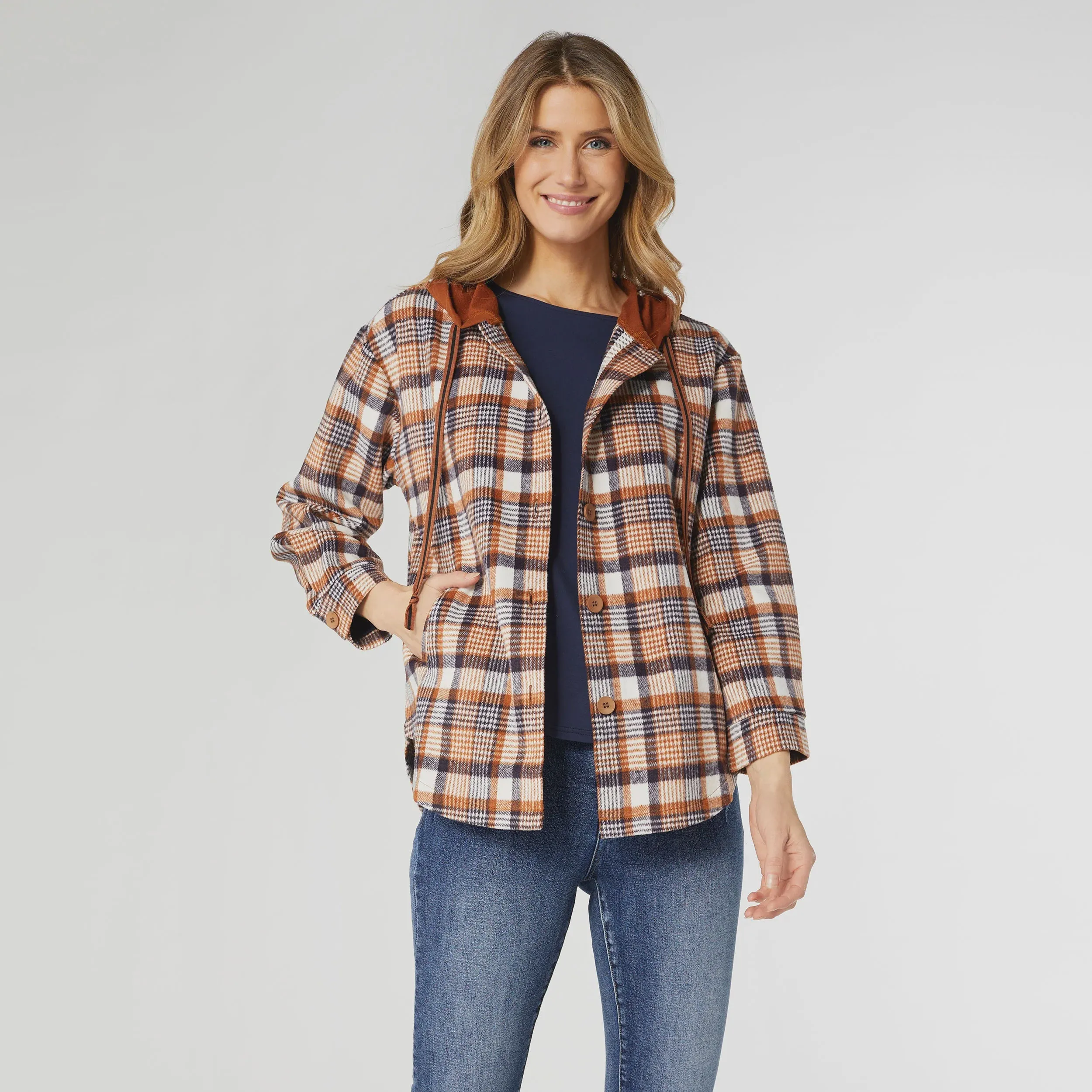 Frieda Button Front Hooded Shacket with Pockets | Rust/Navy Plaid