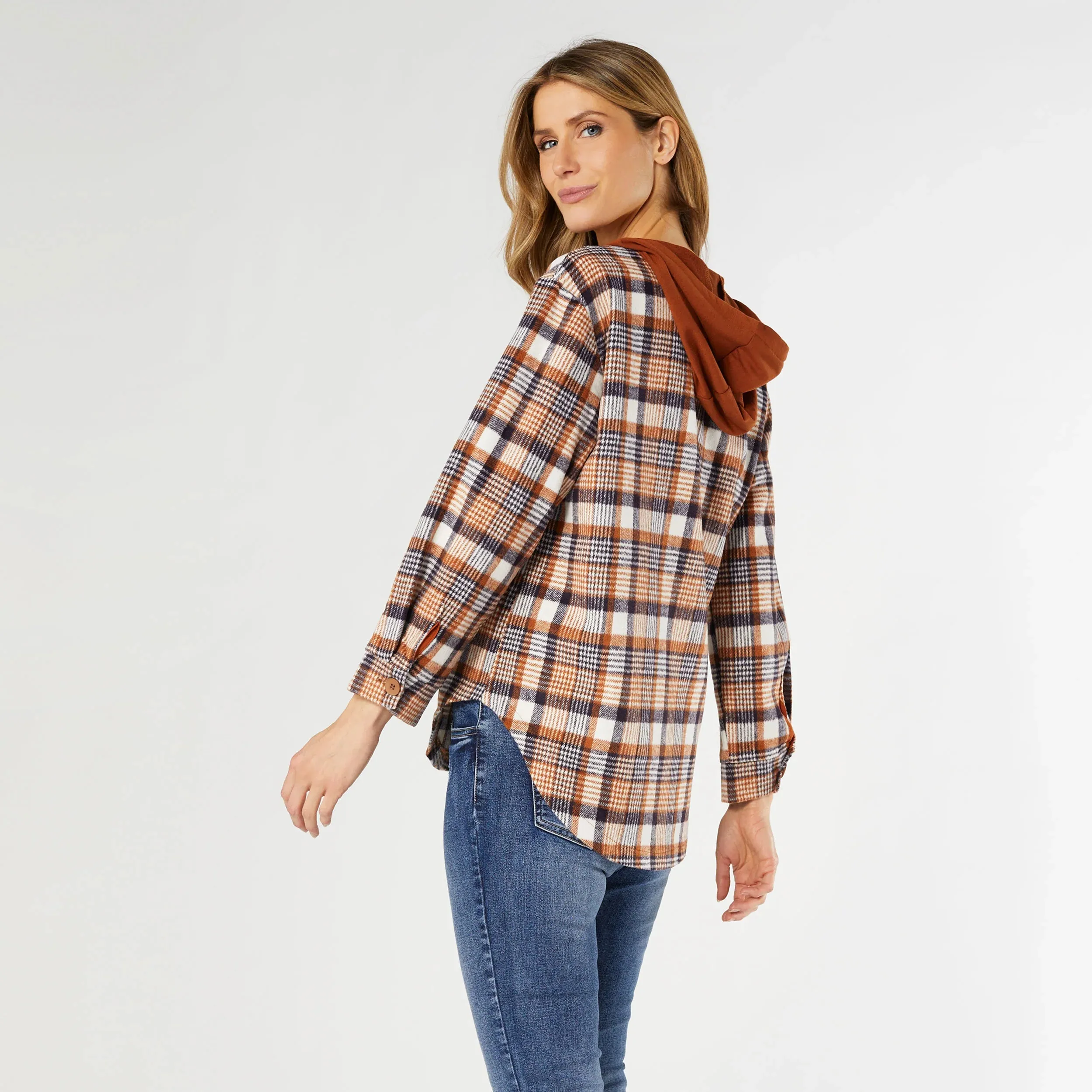 Frieda Button Front Hooded Shacket with Pockets | Rust/Navy Plaid