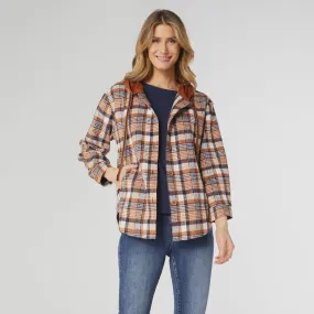 Frieda Button Front Hooded Shacket with Pockets | Rust/Navy Plaid