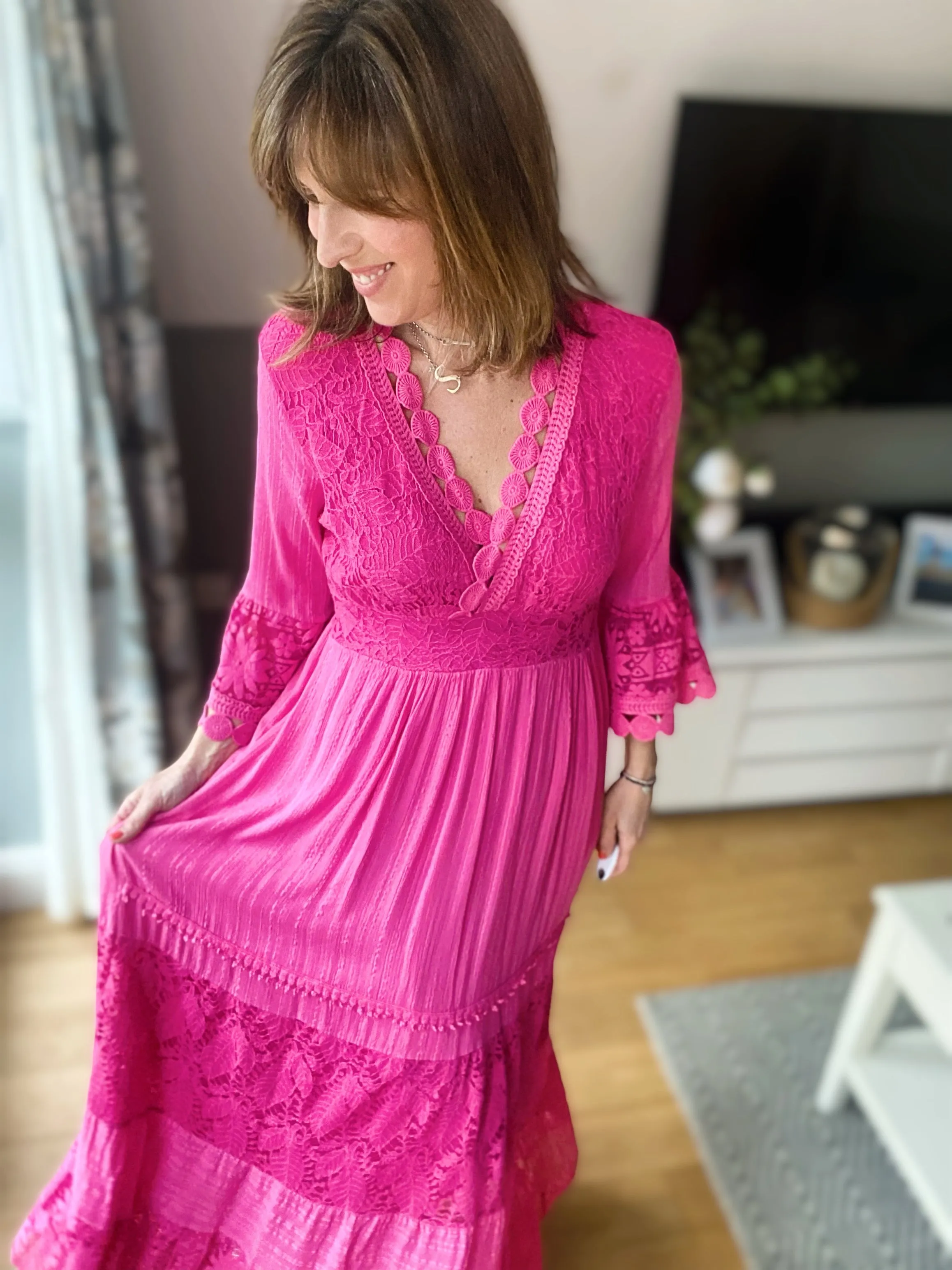 Full length pink lace crochet dress