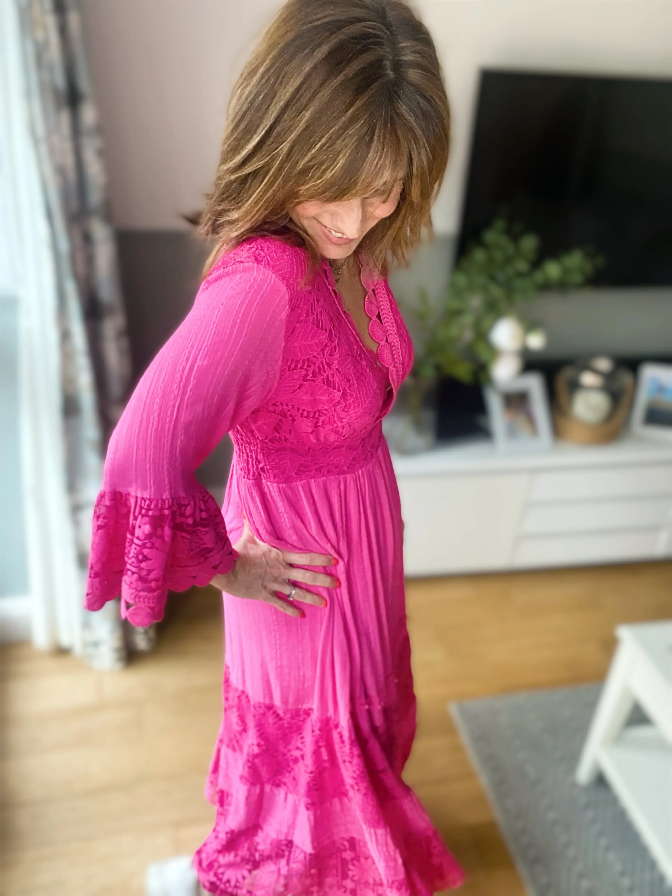 Full length pink lace crochet dress