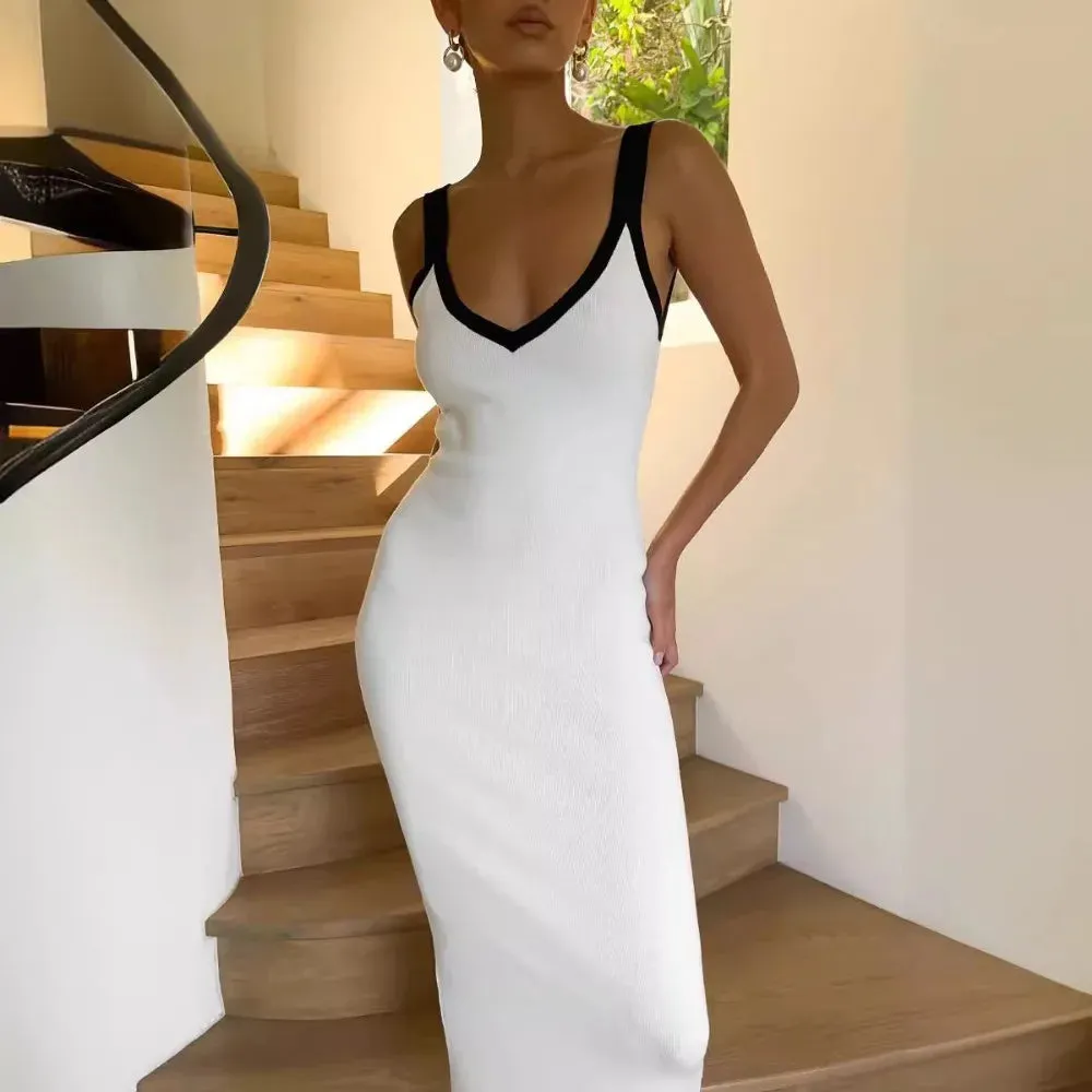 Girlary White Knitted Long Dress Summer Women Elegant Strap Slim Beach Dresses Holiday Outfits Fashion Patchwork Back Split Party Dress