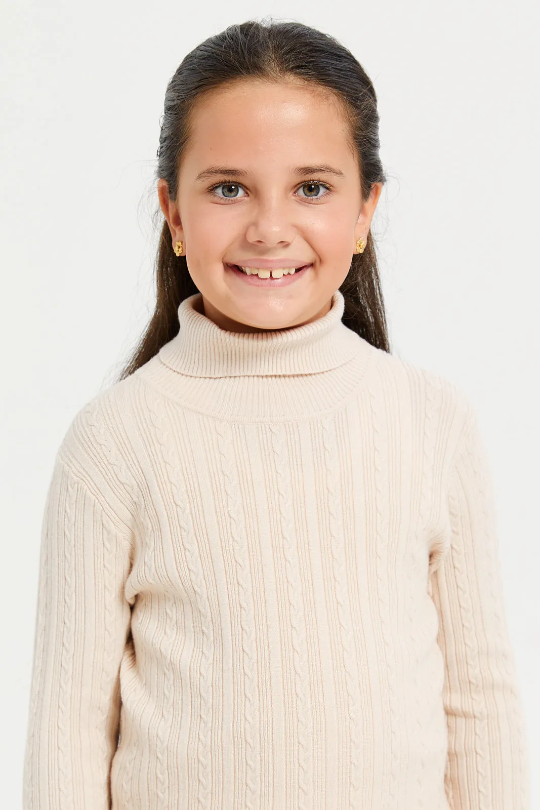 Girls Beige High Neck Pullover