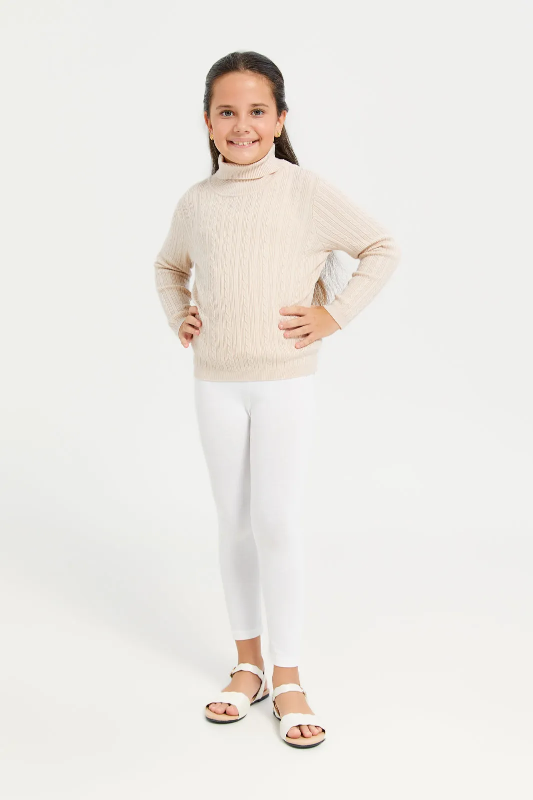 Girls Beige High Neck Pullover