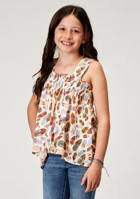 GIRLS SLEEVELESS FEATHER TOSS PRINTED RAYON TANK