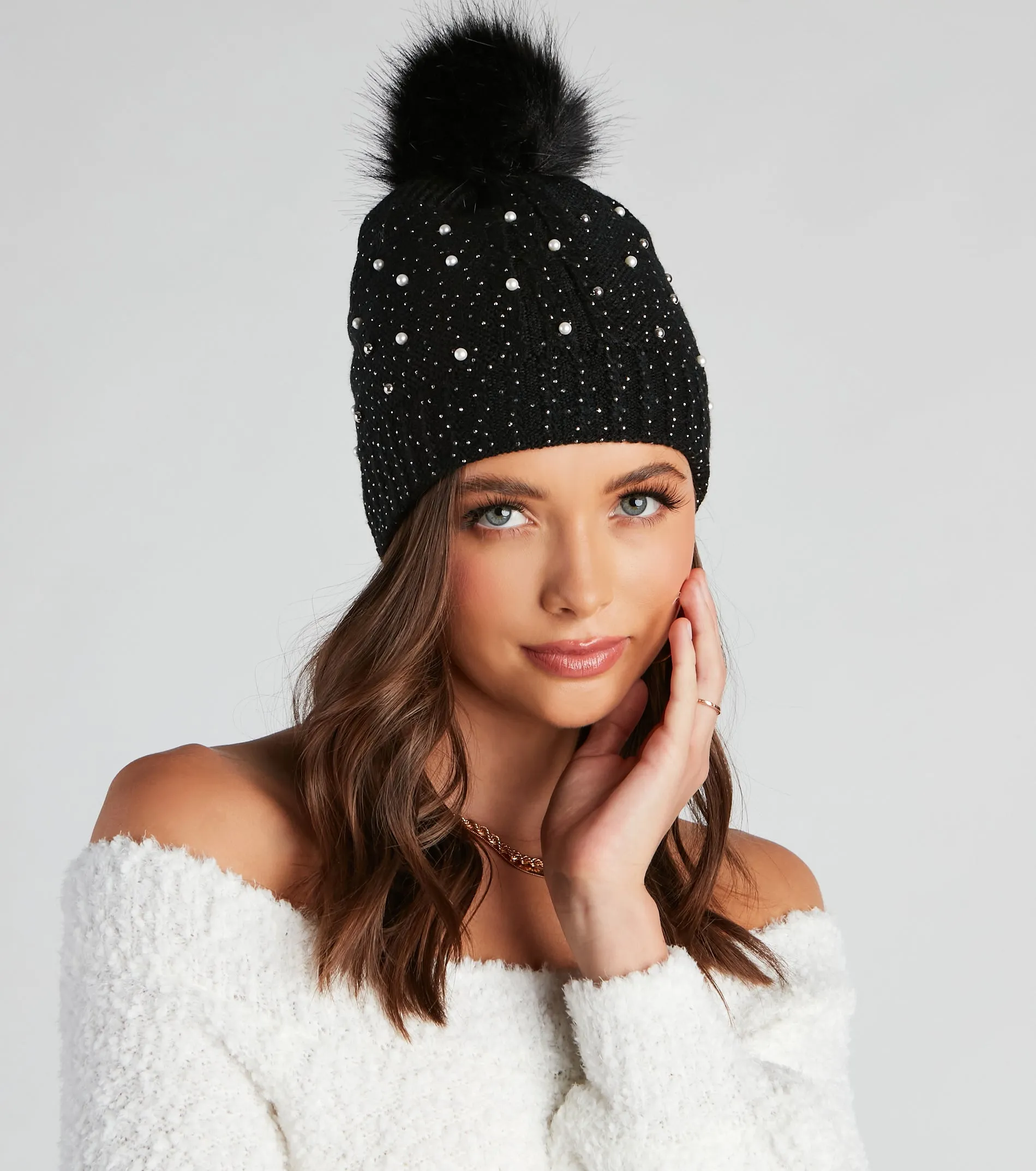 Glam Snow Bunny Pom Knit Beanie