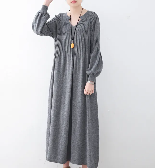 Gray High Collar Pleated Autumn Women Dresses Casual Women DressesSSM97219