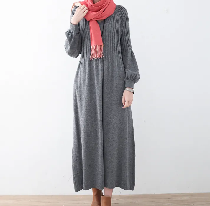 Gray High Collar Pleated Autumn Women Dresses Casual Women DressesSSM97219