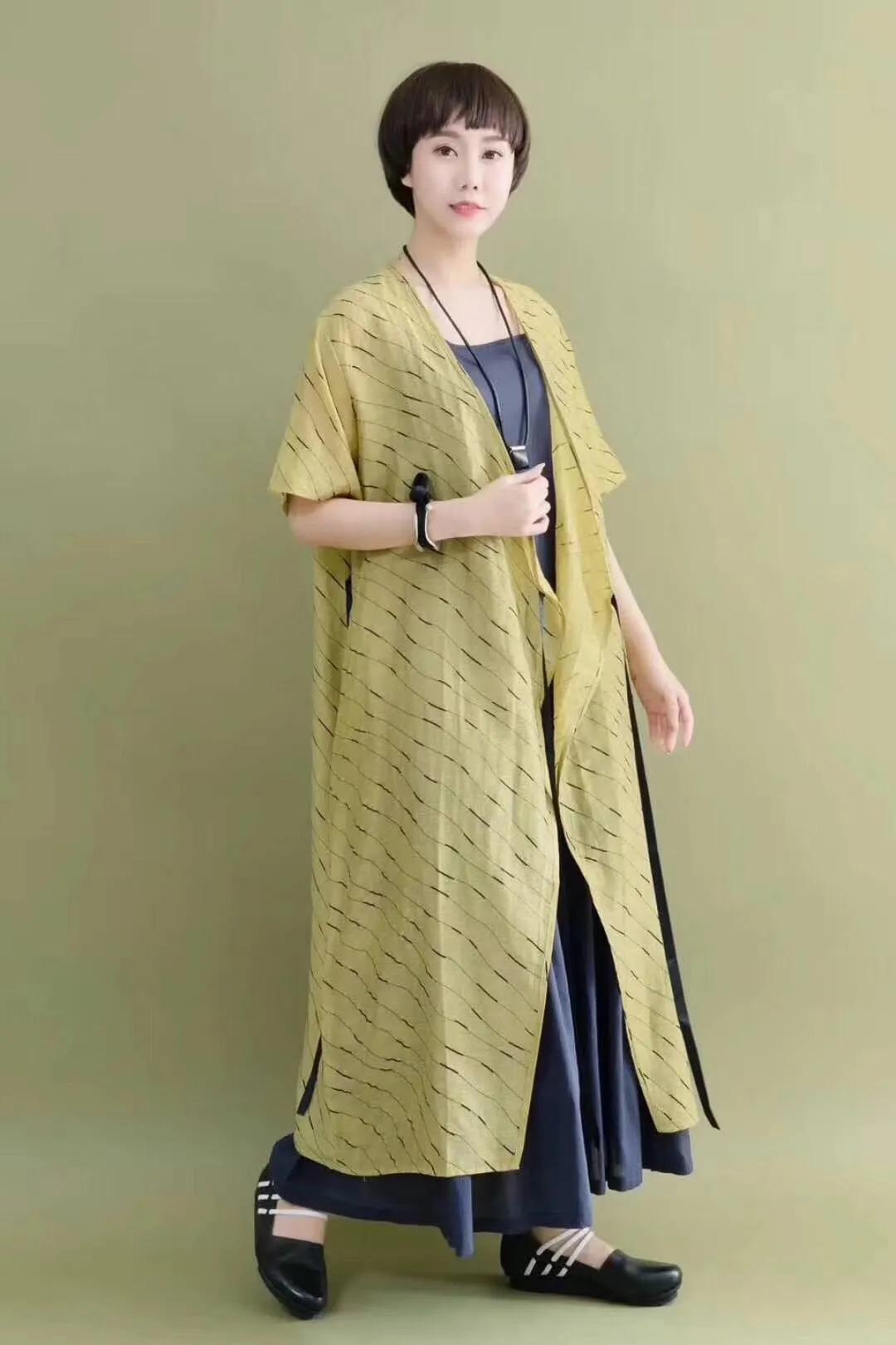 Green Casual Silk Linen Long Wind Coat Q2099