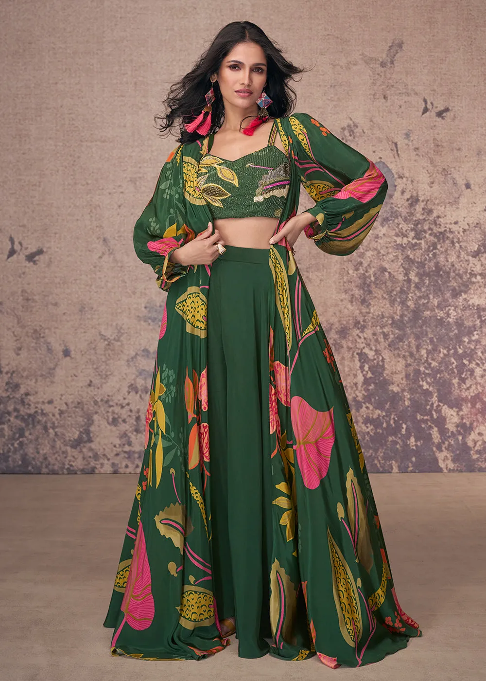 Green Crepe Silk Jacket Style Indo Western Dress