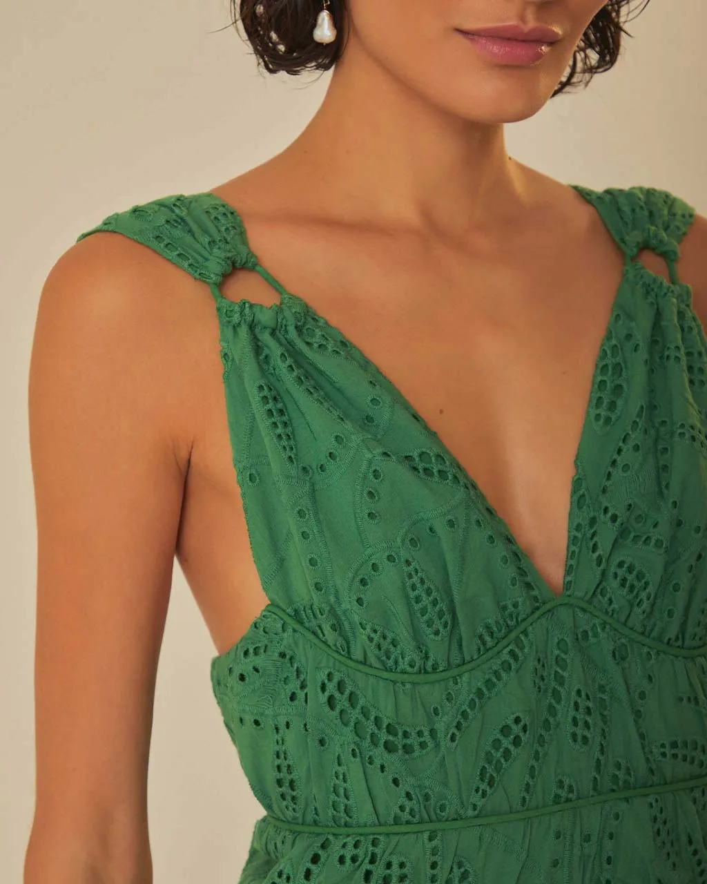 Green Monstera Corset Eyelet Maxi Dress