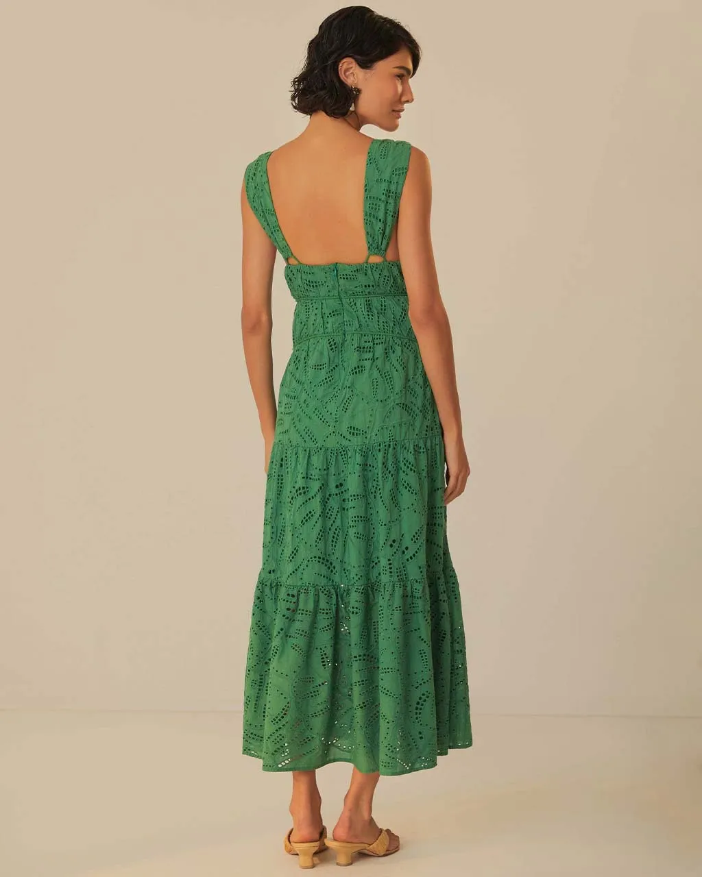 Green Monstera Corset Eyelet Maxi Dress