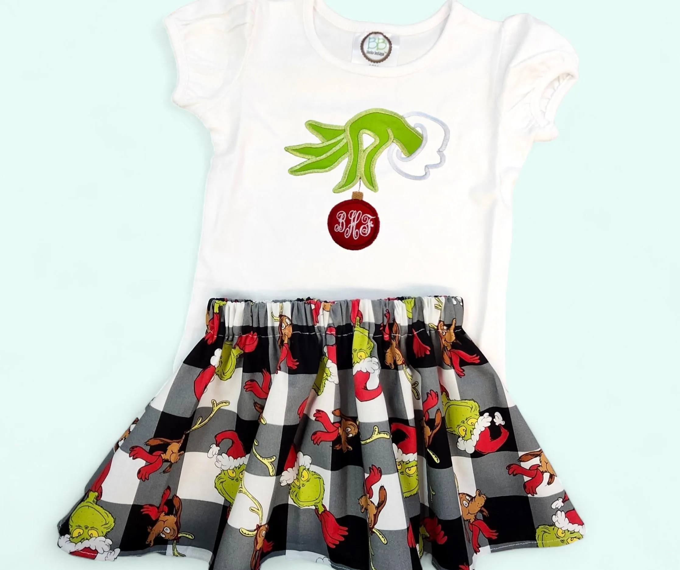 Grinch Christmas Outfit, Personalized Girl Grinch Outfit, Christmas Skirt and Shirt, Grinch Girls Skirt, Christmas Monogram Girl Shirt Skirt