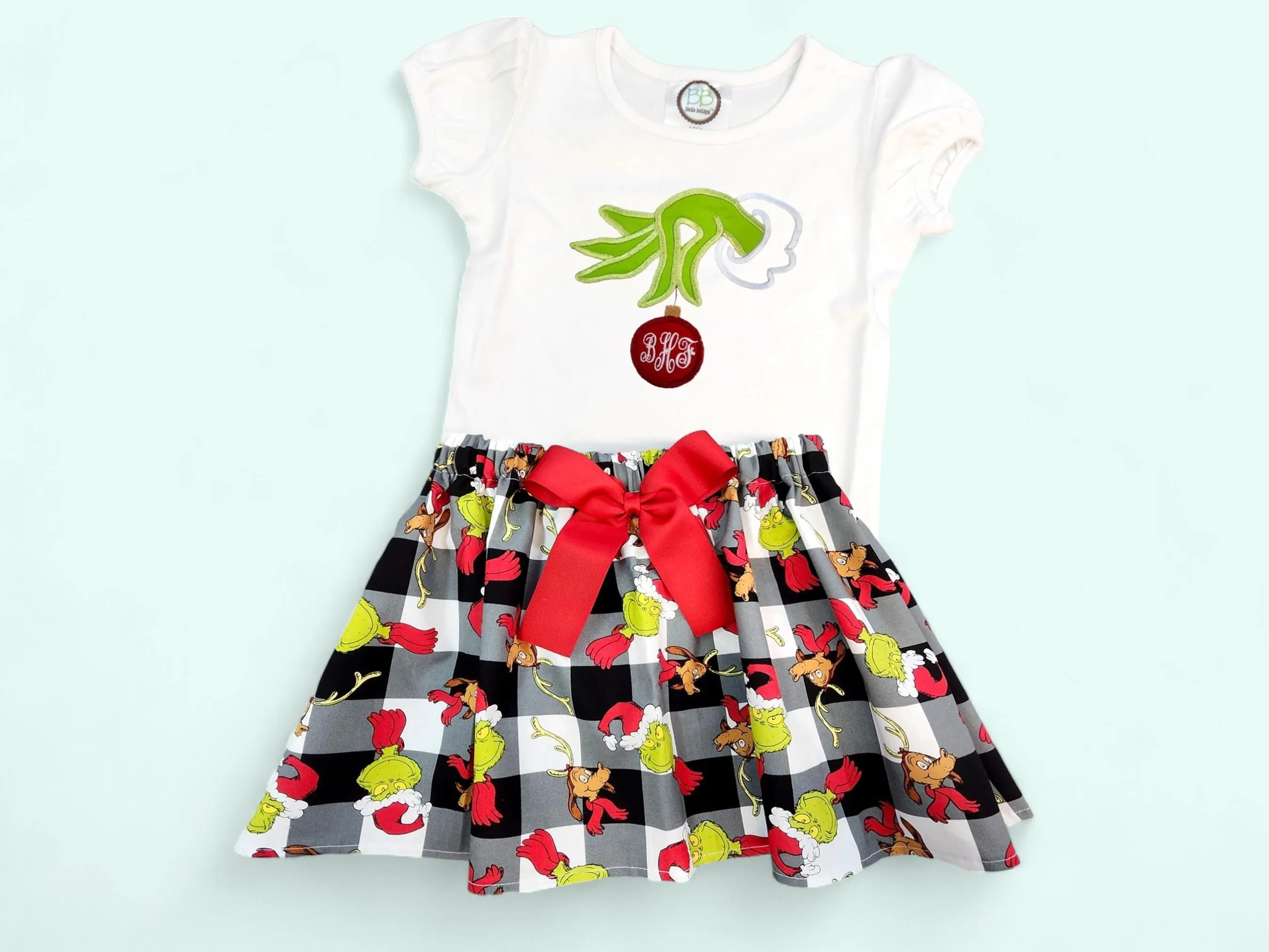 Grinch Christmas Outfit, Personalized Girl Grinch Outfit, Christmas Skirt and Shirt, Grinch Girls Skirt, Christmas Monogram Girl Shirt Skirt