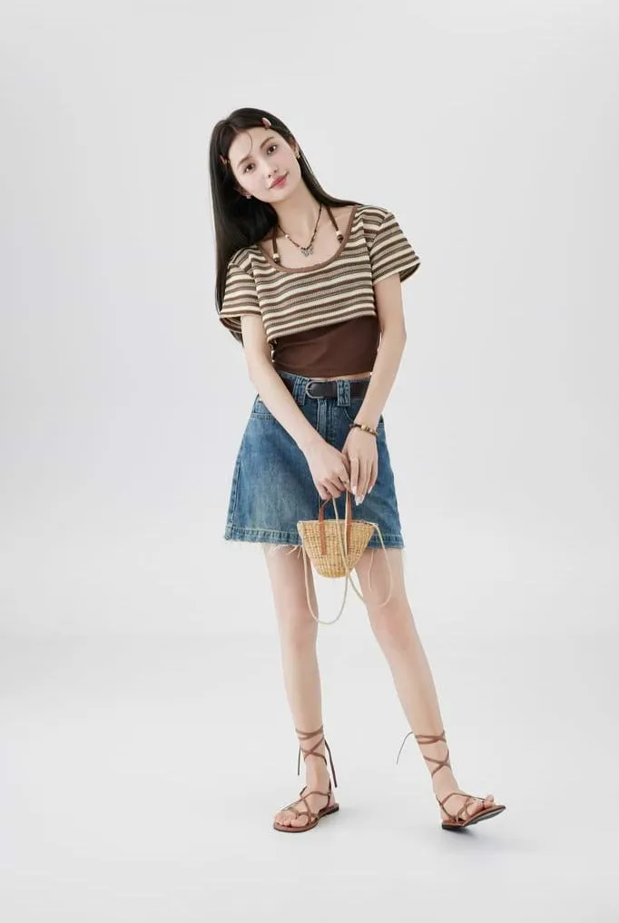 Halter Strap Camisole and Stripe Cropped Knit Top Two-Piece Set