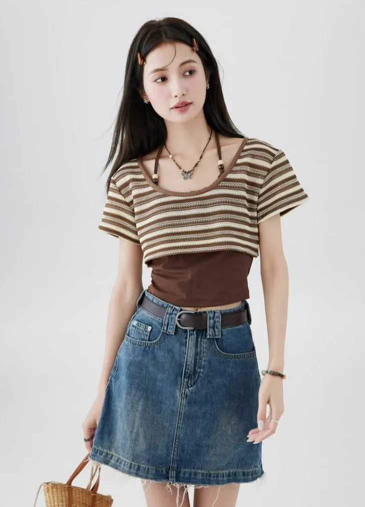 Halter Strap Camisole and Stripe Cropped Knit Top Two-Piece Set