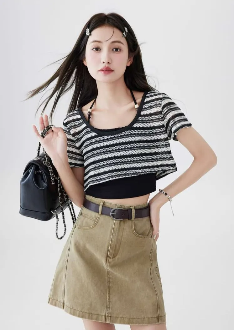 Halter Strap Camisole and Stripe Cropped Knit Top Two-Piece Set