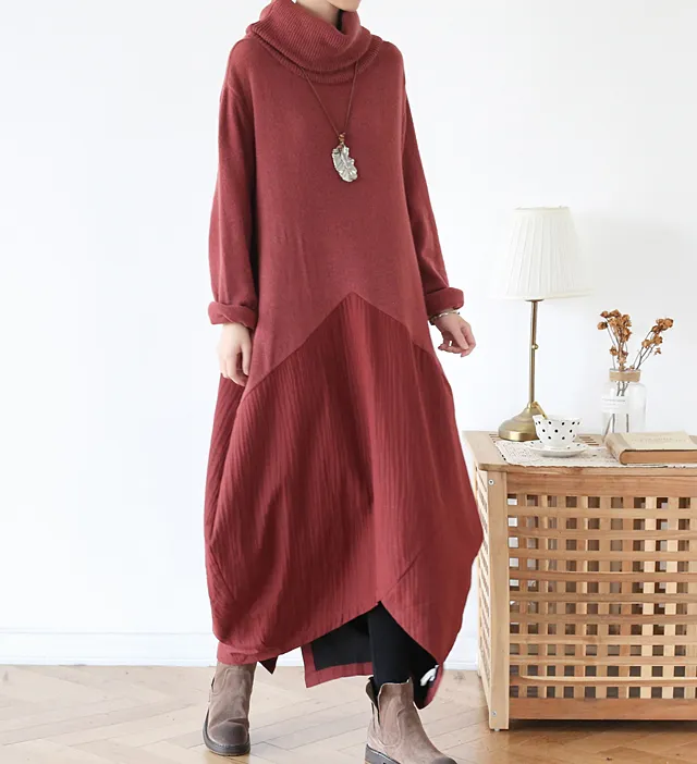 High Collar Patchwork Autumn Women Dresses  Long Women DressesSSM97219