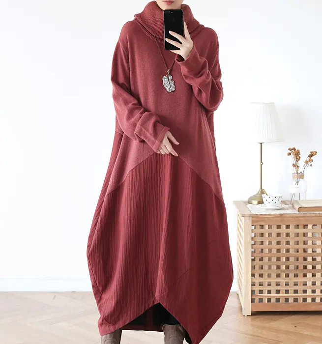 High Collar Patchwork Autumn Women Dresses  Long Women DressesSSM97219