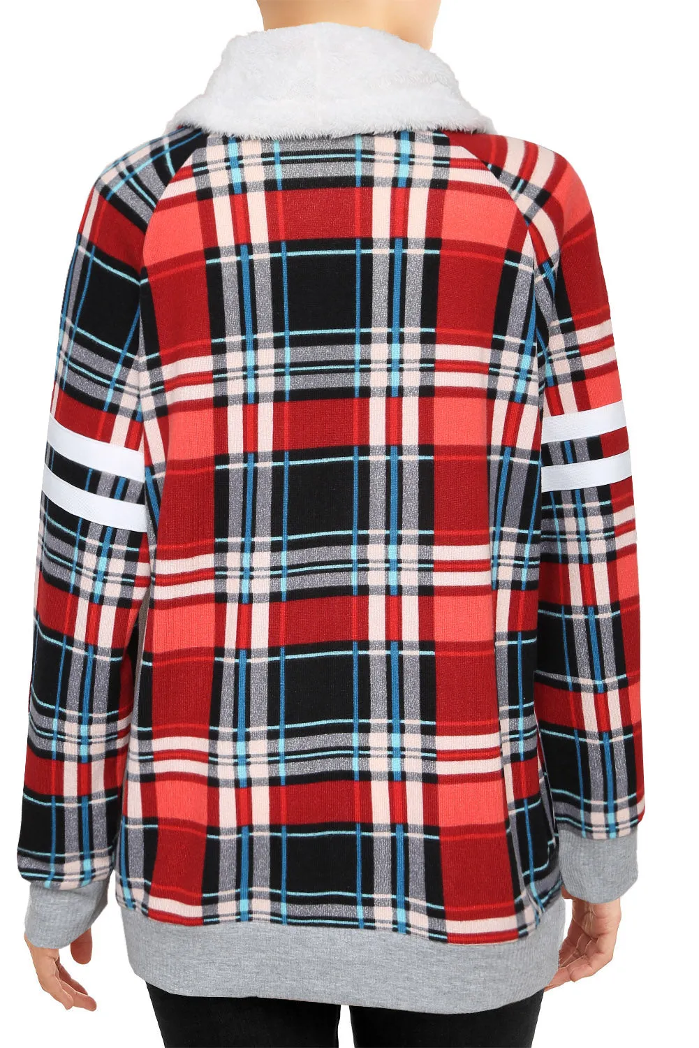 Hoodies for Women Buffalo Plaid Print Sherpa Patchwork High Neck Drawstring Sweatshirt