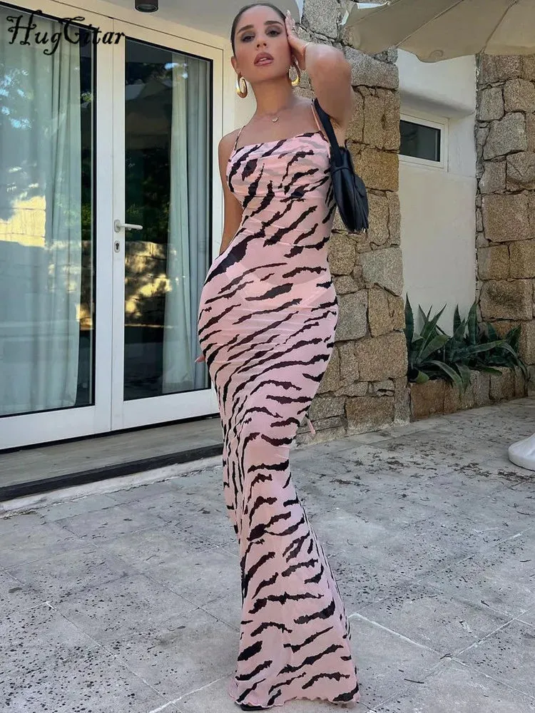 Hugcitar 2024 Mesh Zebra Print Slips Backless Lace Up Sexy See Through Maxi Dress Summer Women Elegant Outfit Beach Vacation Y2K