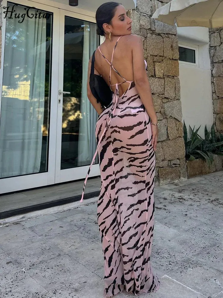 Hugcitar 2024 Mesh Zebra Print Slips Backless Lace Up Sexy See Through Maxi Dress Summer Women Elegant Outfit Beach Vacation Y2K