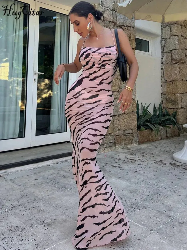 Hugcitar 2024 Mesh Zebra Print Slips Backless Lace Up Sexy See Through Maxi Dress Summer Women Elegant Outfit Beach Vacation Y2K