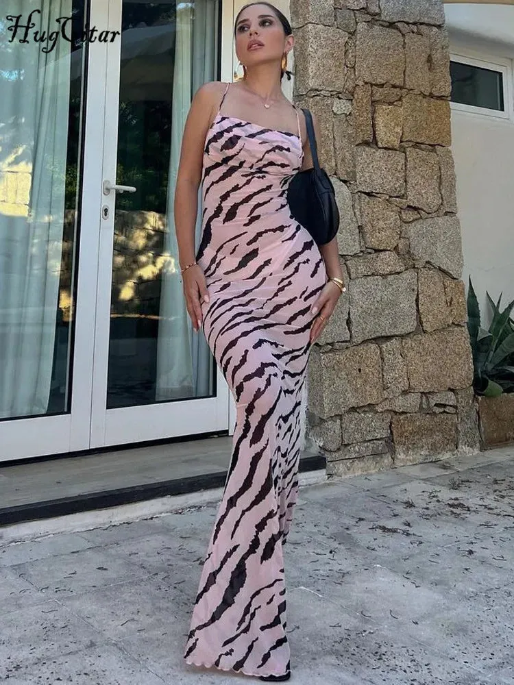 Hugcitar 2024 Mesh Zebra Print Slips Backless Lace Up Sexy See Through Maxi Dress Summer Women Elegant Outfit Beach Vacation Y2K