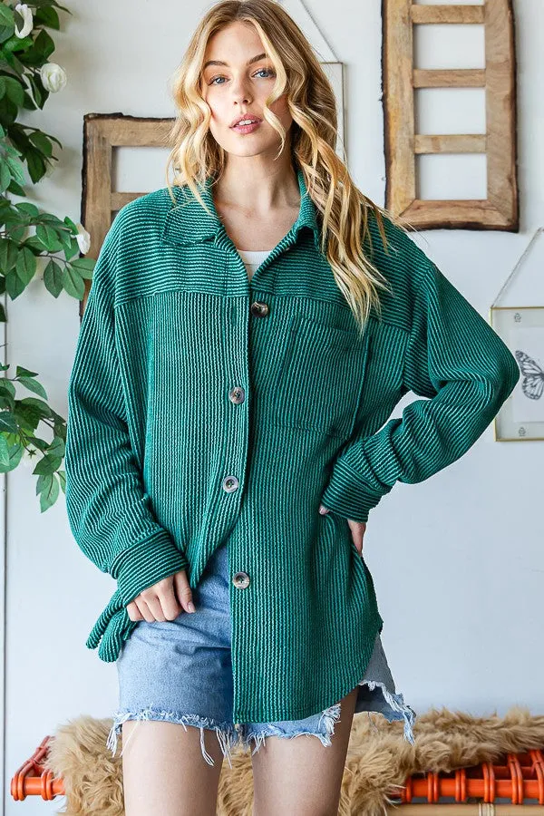 Hunter Green Striped Long Sleeve Button Up Shacket for Women