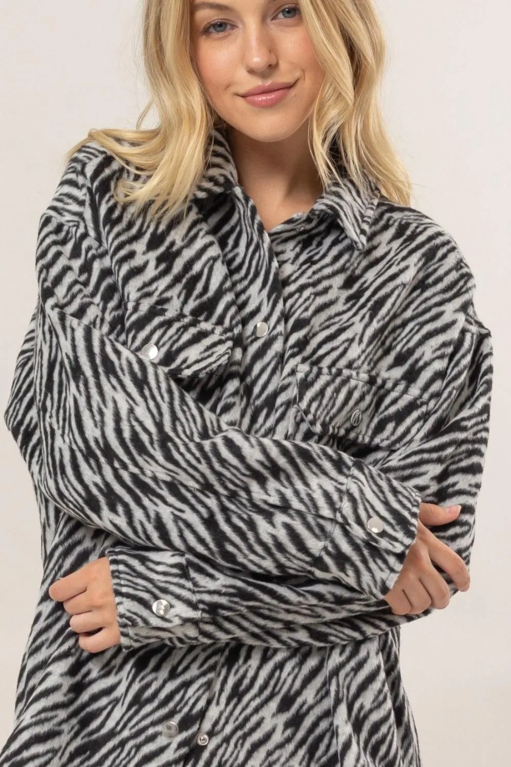 HYFVE Zebra Print Jacket Snap Down Long Sleeve Shacket