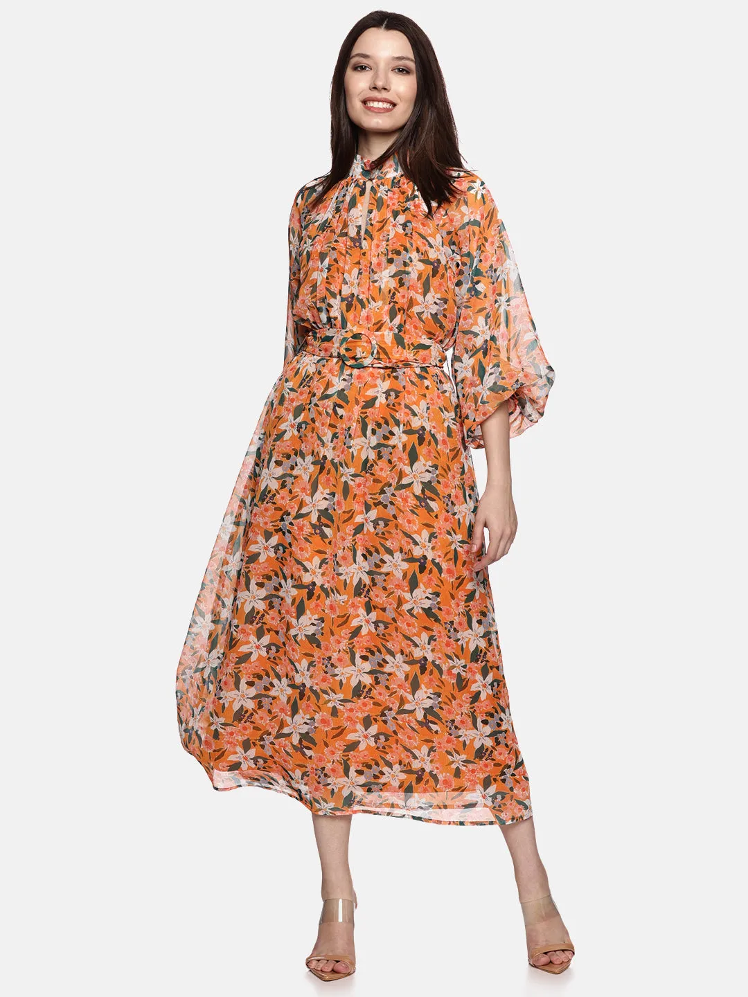 IS.U Floral Yellow Belted Blouson Sleeve Dress