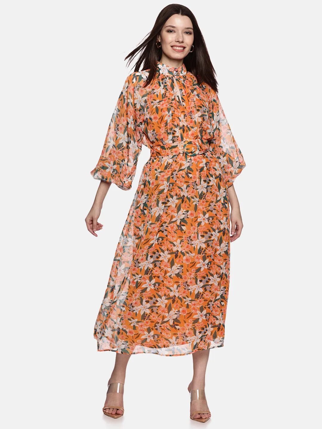 IS.U Floral Yellow Belted Blouson Sleeve Dress