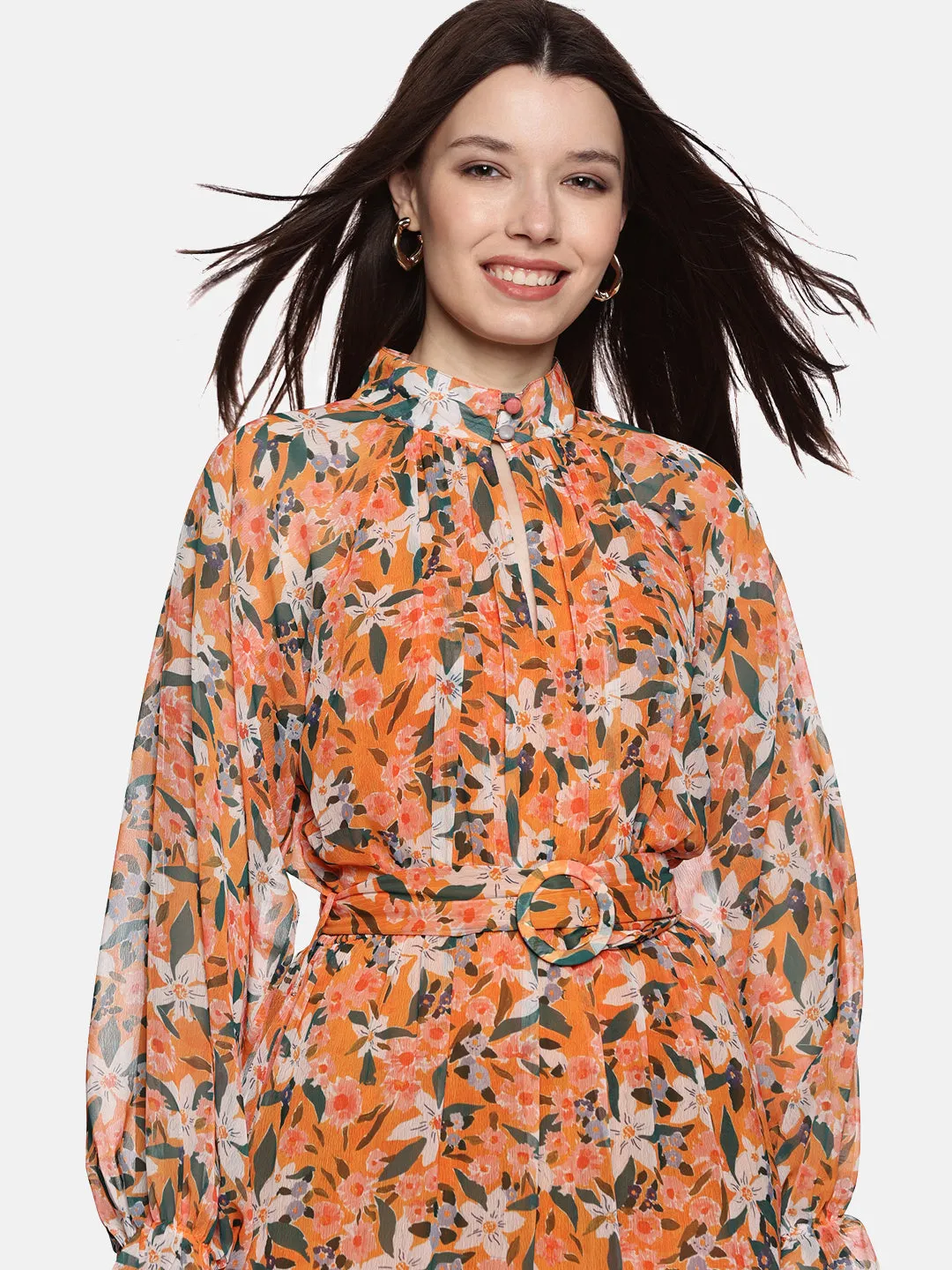 IS.U Floral Yellow Belted Blouson Sleeve Dress