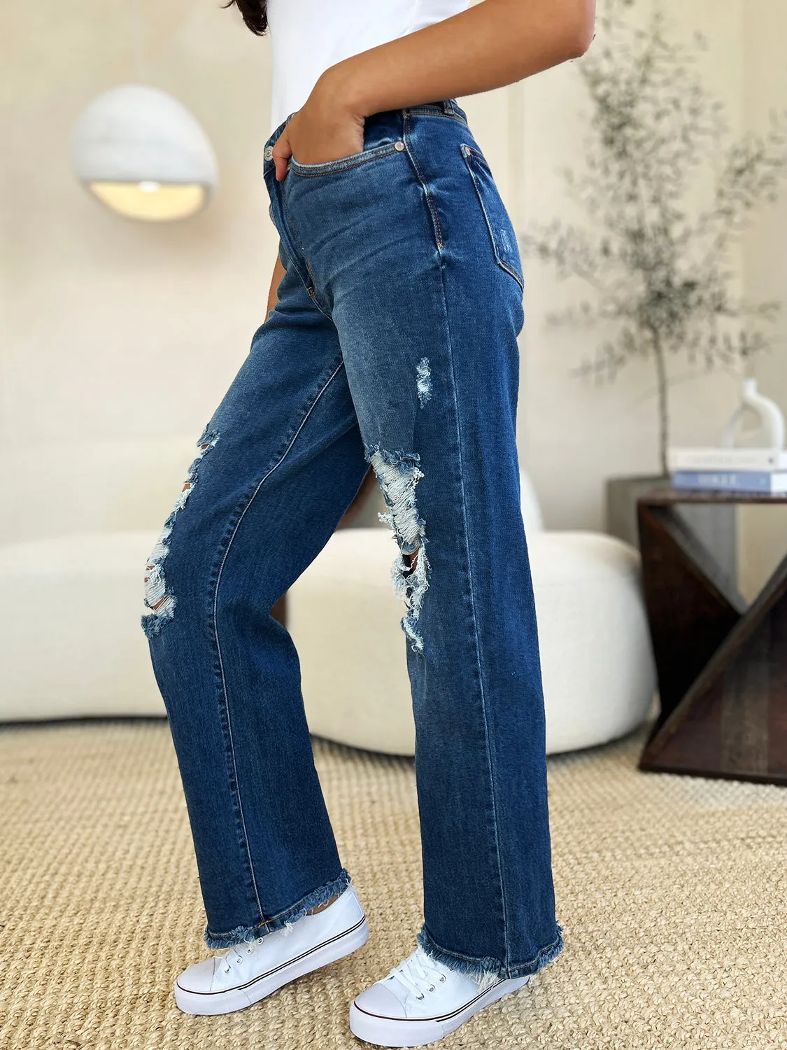 Judy Blue Mid Rise Distressed Raw Hem Jeans