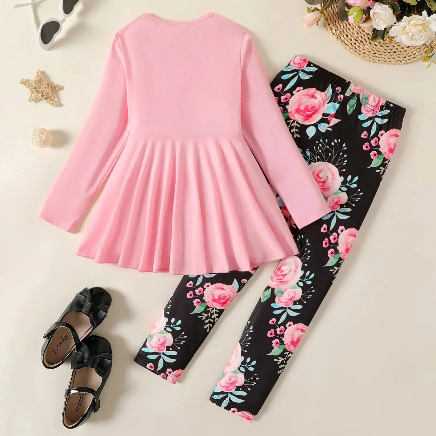 Kid Girl Bowknot Design Long-sleeve Tee and Floral Print Leggings Set Perfect for Outings and Daily Wear 2pcs