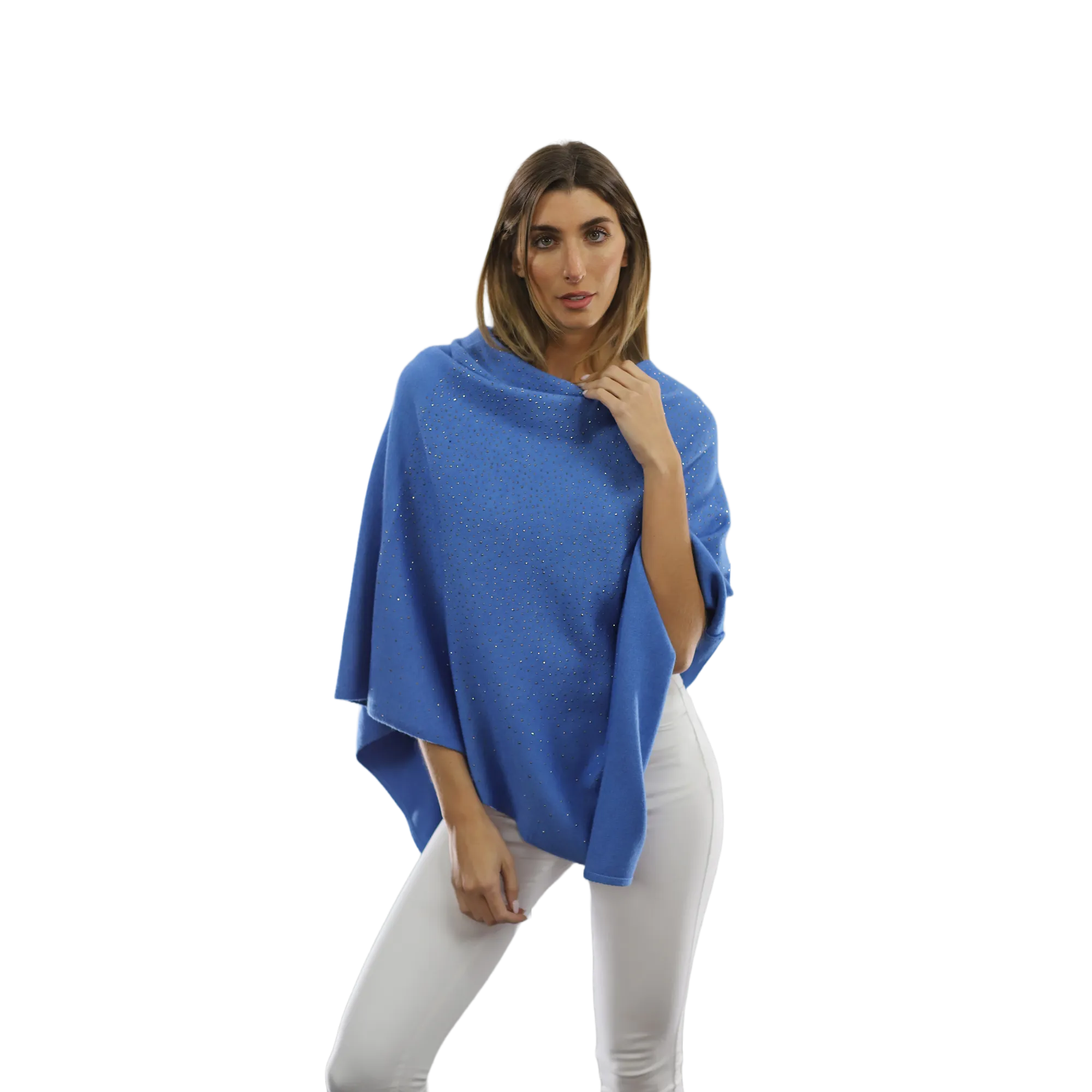 Light Weight Poncho with Embellishments - Light Blue