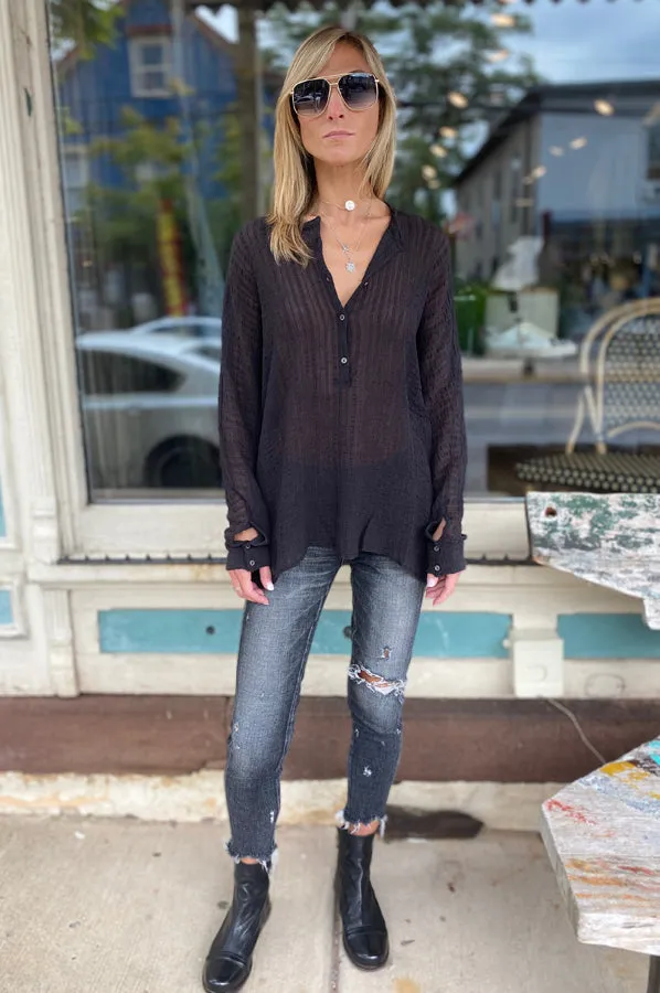 Long Sleeve 3/4 Button Down Shirt - Black