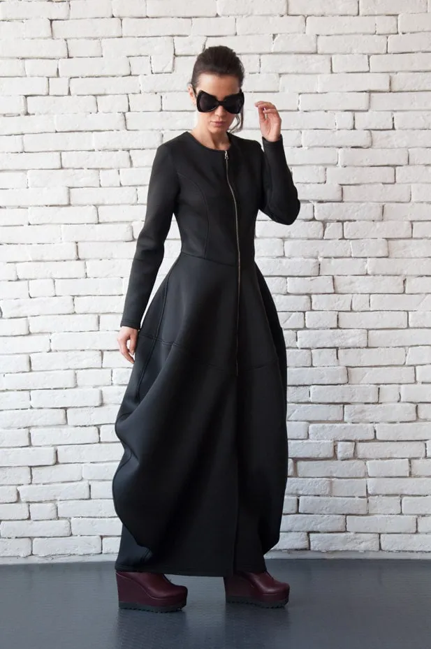 Long Zipper Neoprene Dress In Black