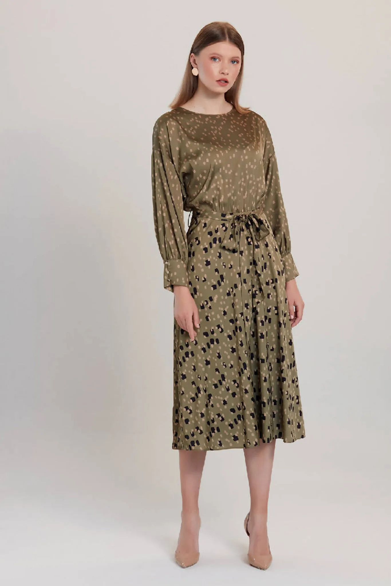 Love And Joy London Khaki Dalmatian Print Midi Dress