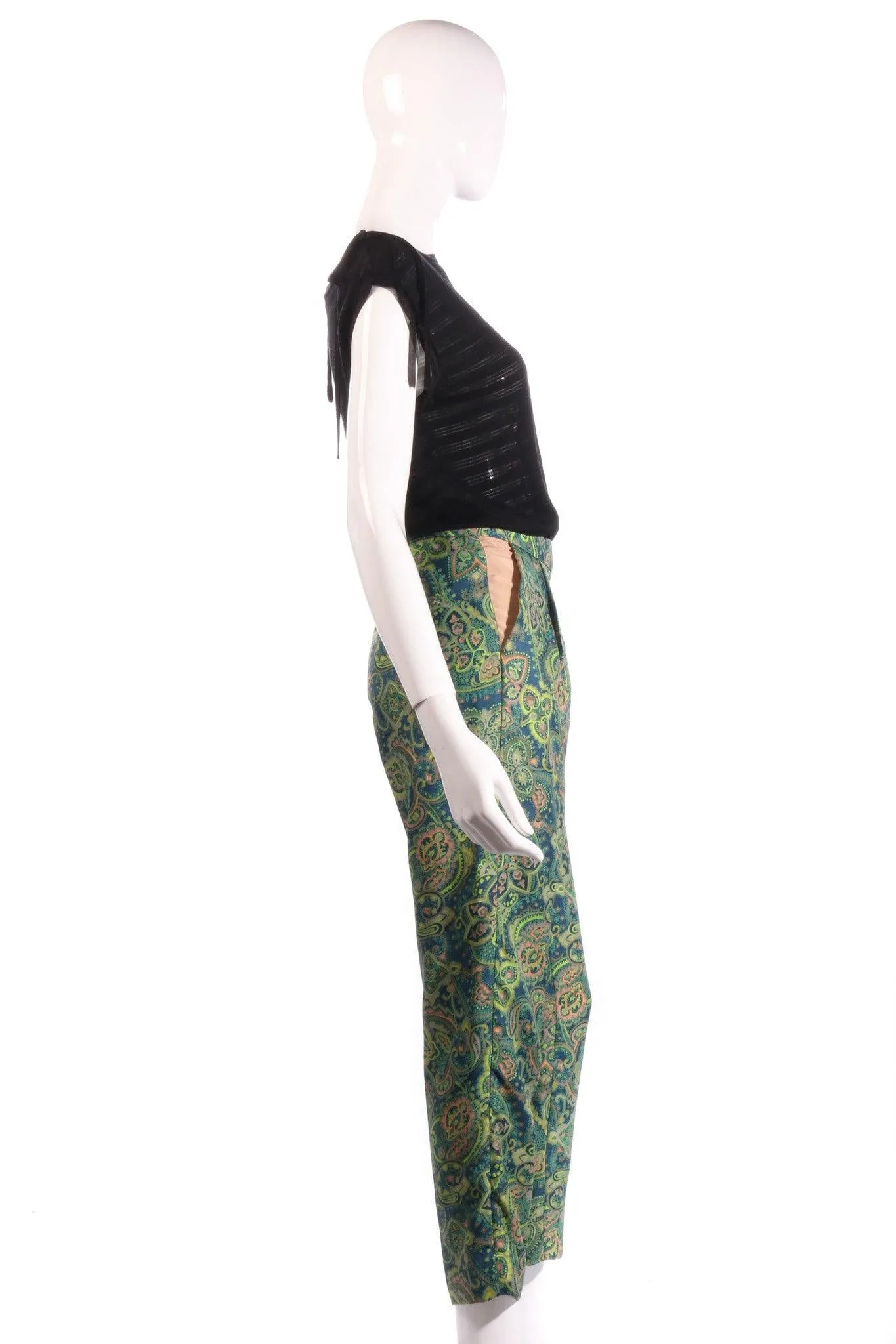 Malene Birger 100% Silk Green Floral Cropped Trousers Size 8/10